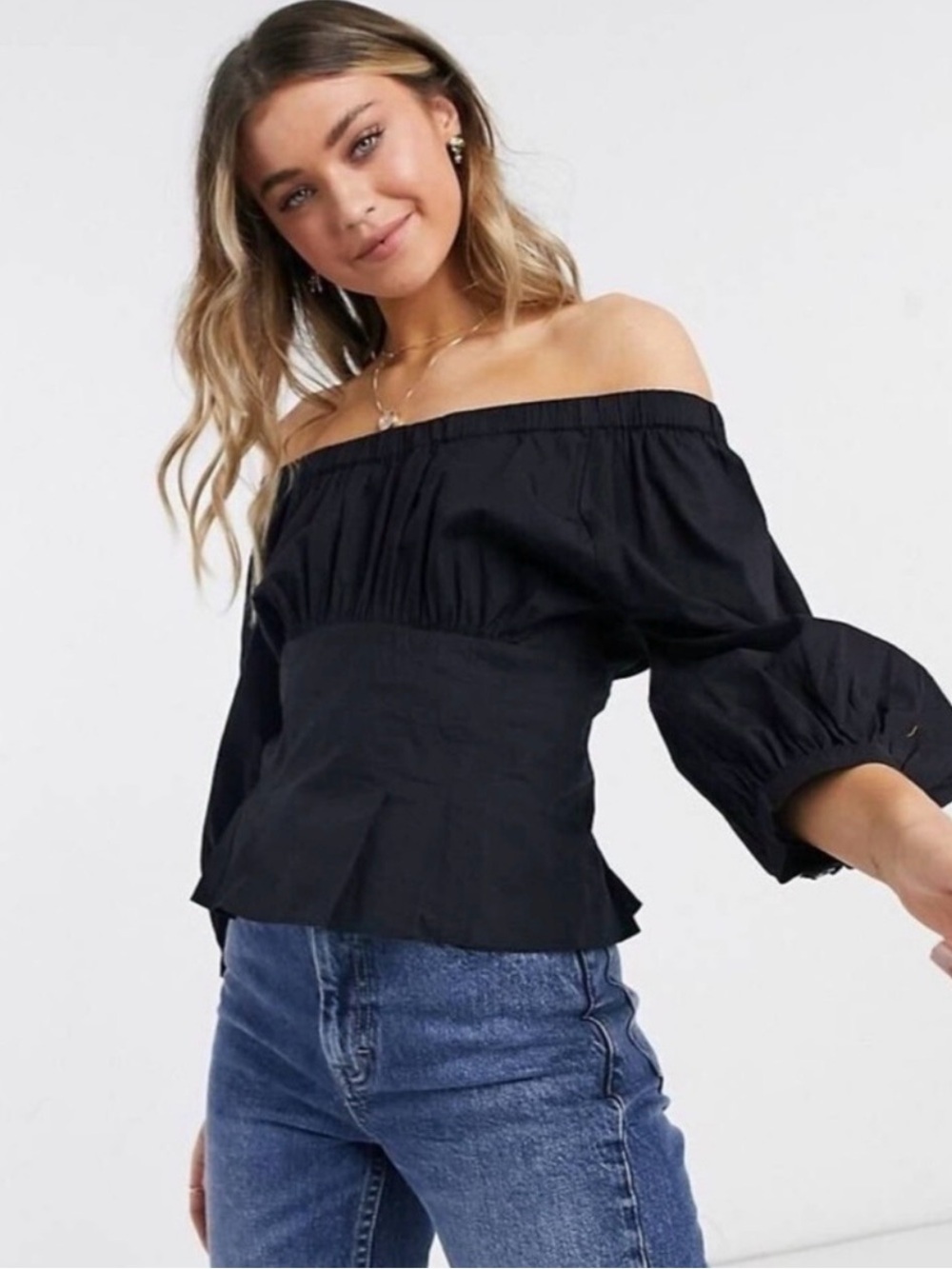 Free People Smocked Teagan Top Puff Sleeves in Black NWT Size Large